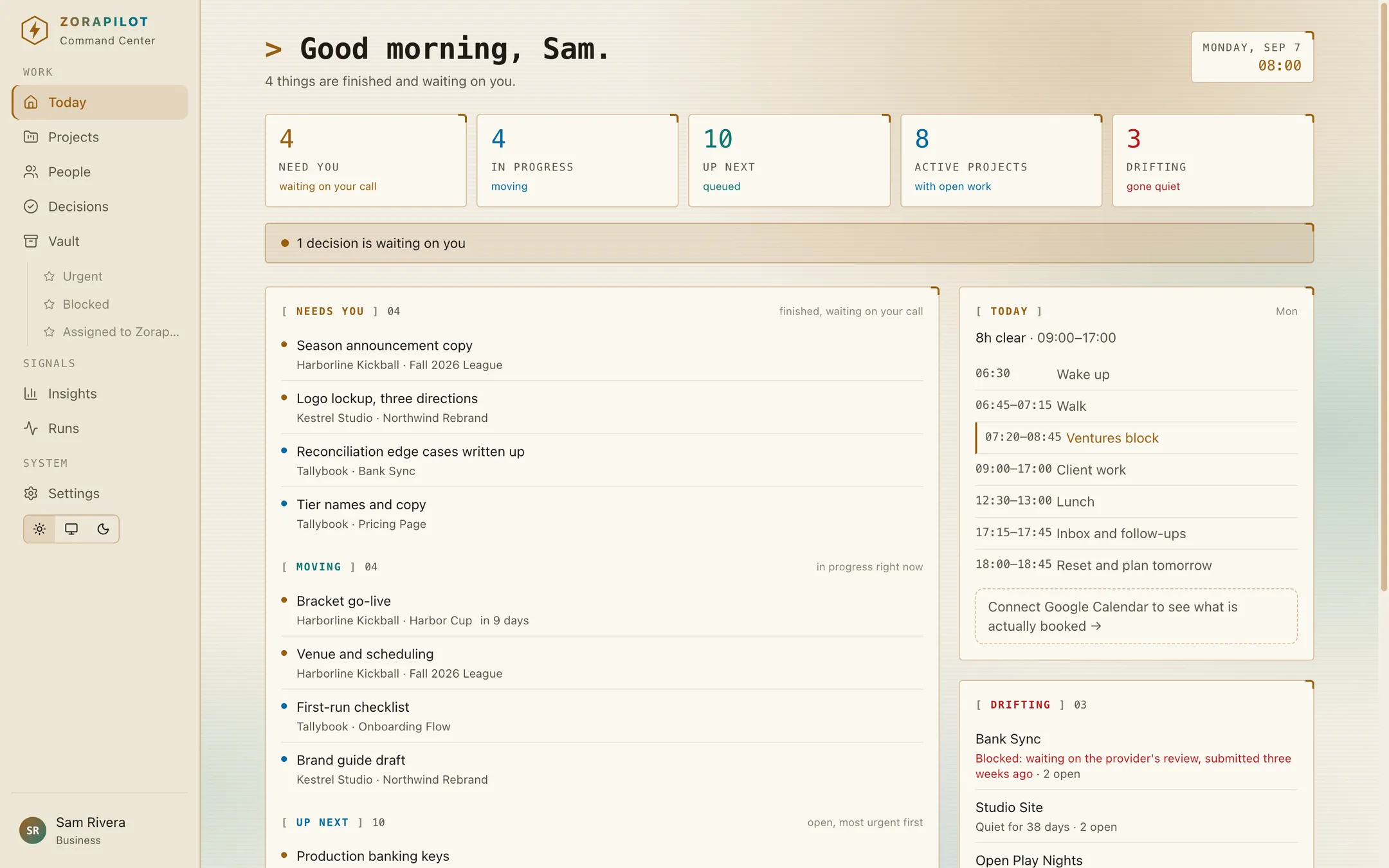 The same Command Center screen in the light theme: warm paper background, amber ink, monospace labels in square brackets and a terminal-style prompt before the greeting.